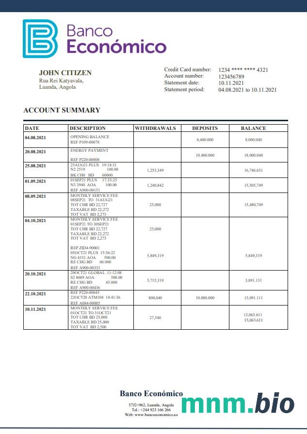 Szablon wyciągu bankowego Angola Banco Ecenomico w formacie Excel i PDF
